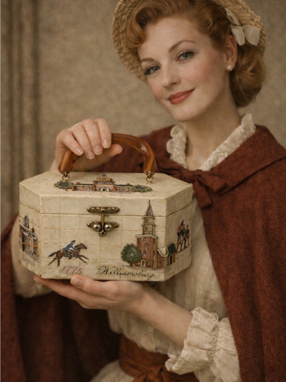 Vintage box purse US independance theme Philadelphia Bakelight handle Vg